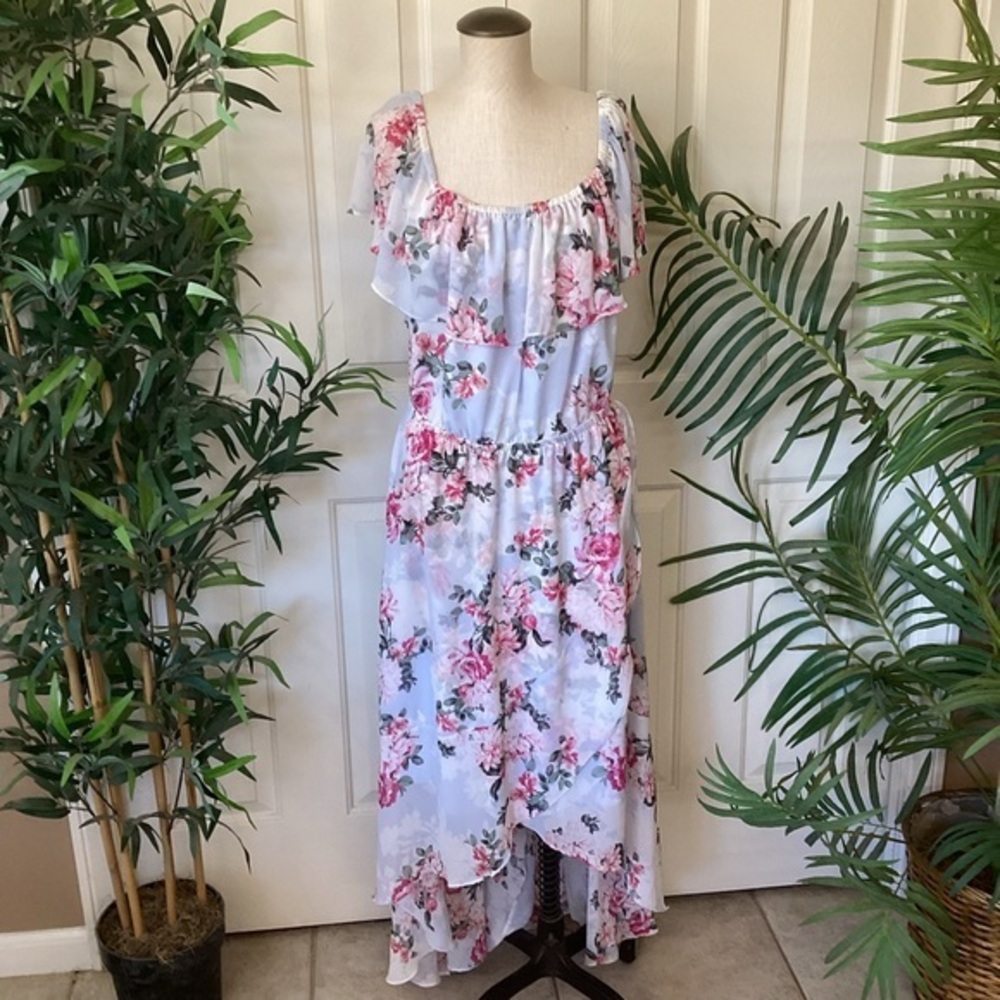 Torrid 4X Blue Floral On Off Shoulder Asymmetric Flowy High Low Maxi Dress